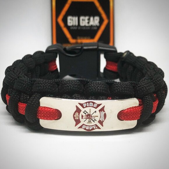Fire Dept Badge Paracord Bracelet - Black with a Red stripe - Picture 1 of 2
